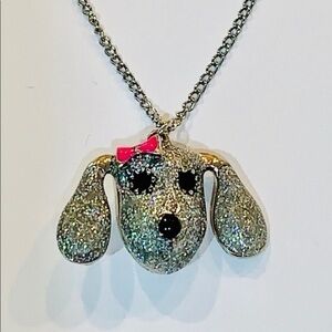 cute girls pink bow poodle silver glitter necklace